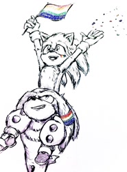 Size: 758x1024 | Tagged: safe, artist:curly_quills, knuckles the echidna, sonic the hedgehog, duo, face paint, flag, gay pride, holding something, line art, looking up, movie style, pride, pride flag, riding on shoulders, simple background, smile, white background