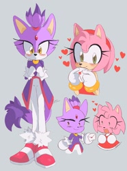 Size: 1500x2012 | Tagged: safe, artist:remimun, amy rose, blaze the cat, 2024, amy x blaze, amybetes, blazebetes, blushing, cute, duo, frown, grey background, heart, holding something, lesbian, love letter, shipping, simple background, smile, standing