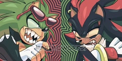 Size: 1000x500 | Tagged: safe, artist:scourgefrontier, scourge the hedgehog, shadow the hedgehog, 2024, abstract background, duo, frown, looking at each other, mouth open, obtrusive watermark, sharp teeth, signature, smile, watermark, yellow sclera