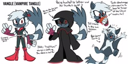 Size: 2048x1024 | Tagged: safe, artist:hagusanimations, tangle the lemur, 2024, alternate outfit, alternate universe, cloak, eating, english text, fruit, glowing eyes, hood, orange, red eyes, reference sheet, simple background, smile, solo, standing, vampire, webbed wings, white background, wings