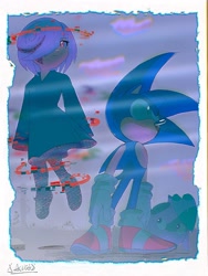 Size: 1537x2048 | Tagged: safe, artist:aurax118, sage, sonic the hedgehog, sonic frontiers, 2024, abstract background, border, flying, frown, koco, looking offscreen, outline, signature, standing, trio