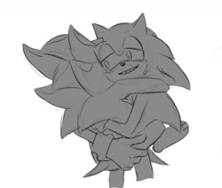 Size: 1110x935 | Tagged: safe, artist:00_tbteen_00, shadow the hedgehog, sonic the hedgehog, 2024, alternate view, duo, gay, hugging, lidded eyes, monochrome, shadow x sonic, shipping, simple background, smile, white background