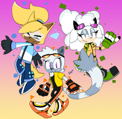 Size: 870x849 | Tagged: safe, artist:sonicvel, lanolin the sheep, tangle the lemur, whisper the wolf, 2024, diamond cutters, gradient background, looking at viewer, one eye closed, riders outfit, signature, smile, trio
