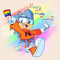 Size: 1000x1000 | Tagged: safe, artist:ootb_soniccomic, nicky, sonic the hedgehog, 2024, english text, flag, gay pride, gradient background, heart, holding something, looking at viewer, mouth open, pride, pride flag, signature, smile, solo, trans pride