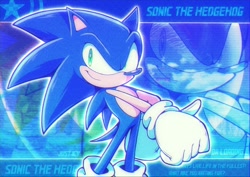 Size: 2048x1448 | Tagged: safe, artist:just_icyyy, sonic the hedgehog, 2024, abstract background, echo background, looking offscreen, outline, smile, solo, standing, thumbs up