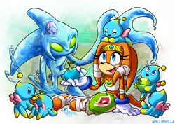 Size: 2048x1448 | Tagged: safe, artist:slliphylla, chaos, tikal, chao, sonic adventure, 2024, chao fruit, group, holding something, neutral chao, signature, sitting, smile