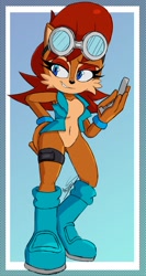 Size: 770x1451 | Tagged: safe, artist:maximusw01, sally acorn, 2024, blue background, border, flip phone, goggles, hand on hip, holding something, leg strap, lidded eyes, looking offscreen, simple background, smile, solo