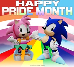 Size: 1923x1746 | Tagged: safe, artist:peppermintsrb2, amy rose, sonic the hedgehog, 3d, classic amy, classic sonic, clouds, duo, english text, lesbian pride, looking at viewer, pride, pride flag, pride flag background, rainbow, signature, smile, standing, trans pride