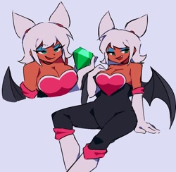 Size: 724x708 | Tagged: safe, artist:z_zmag8, rouge the bat, human, 2024, chaos emerald, eyebrow clipping through hair, holding something, humanized, lidded eyes, looking offscreen, mouth open, one fang, purple background, simple background, sitting, smile, solo