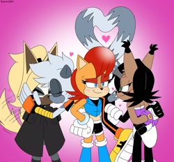 Size: 2048x1898 | Tagged: safe, artist:fanartist2020, artist:fartist2020, nicole the hololynx, sally acorn, tangle the lemur, whisper the wolf, 2024, blushing, eyes closed, gradient background, group, heart, heart tail, kiss, lesbian, lidded eyes, looking at each other, nicole x sally, shipping, standing, tangle x whisper, wagging tail