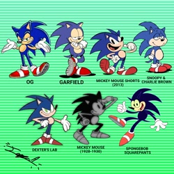 Size: 960x960 | Tagged: safe, artist:drawsjorginator, sonic the hedgehog, 2024, dexter's lab style, english text, garfield style, mickey mouse style, signature, smile, snoopy and charlie brown style, solo, spongebob style, striped background, style comparison, style emulation, uekawa style