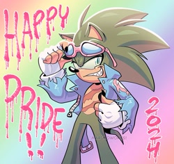 Size: 915x865 | Tagged: safe, artist:scourgefrontier, scourge the hedgehog, 2024, english text, gradient background, lidded eyes, looking at viewer, pride, sharp teeth, smile, solo, standing, trans pride