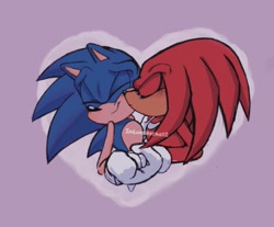 Size: 1277x1055 | Tagged: safe, artist:imlunanoche02, knuckles the echidna, sonic the hedgehog, 2024, blushing, cute, duo, eyes closed, gay, heart, holding hands, kiss on cheek, knucklebetes, knuxonic, purple background, shipping, signature, simple background, smile, sonabetes