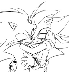 Size: 1170x1207 | Tagged: safe, artist:bluujays_, shadow the hedgehog, sonic the hedgehog, 2024, blushing, cute, duo, eyelashes, eyes closed, gay, hugging, line art, looking at them, mouth open, shadow x sonic, shadowbetes, shipping, simple background, smile, sonabetes, standing, white background