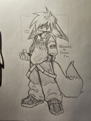 Size: 1536x2048 | Tagged: safe, artist:mrmonteg_, kit the fennec, ..., 2024, backpack, character name, clothes, ear piercing, earring, frown, line art, looking offscreen, oversized, pants, redesign, solo, sweater, traditional media