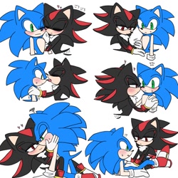 Size: 768x768 | Tagged: safe, artist:sgajdmwjp, shadow the hedgehog, sonic the hedgehog, 2024, blushing, cute, duo, frown, gay, hands on another's face, heart, holding hands, japanese text, licking, licking nose, lidded eyes, looking at each other, nuzzle, shadow x sonic, shipping, simple background, sitting, smile, tongue out, wagging tail, white background