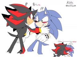 Size: 1600x1200 | Tagged: safe, artist:kottiy29, shadow the hedgehog, sonic the hedgehog, 2024, blushing, chu, duo, exclamation mark, gay, heart, holding them, japanese text, kiss, looking at each other, question mark, sfx, shadow x sonic, shipping, signature, simple background, standing, sweatdrop, white background