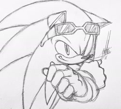 Size: 2048x1850 | Tagged: safe, artist:shibipaffu, sonic the hedgehog, 2024, arms folded, line art, looking ahead, looking offscreen, redraw, riders outfit, signature, smile, solo, sonic riders, traditional media