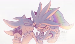 Size: 2048x1194 | Tagged: safe, artist:pikative, shadow the hedgehog, silver the hedgehog, cape, cute, duo, eyes closed, finger under chin, flower bouquet, gay, holding hands, lavender, lidded eyes, looking at them, monochrome, pride, shadow x silver, shipping, simple background, smile, watermark, white background