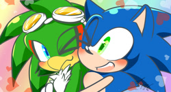 Size: 1000x539 | Tagged: safe, artist:harkfeather, jet the hawk, sonic the hedgehog, 2024, blushing, cute, duo, gay, gradient background, heart, hugging, hugging from behind, jetabetes, looking ahead, looking at them, looking offscreen, mouth open, one eye closed, shipping, signature, smile, sonabetes, sonjet