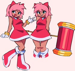 Size: 876x829 | Tagged: safe, artist:z_zmag8, amy rose, human, 2024, beige background, humanized, looking offscreen, piko piko hammer, simple background, smile, solo, standing