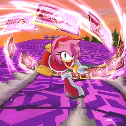 Size: 2048x2048 | Tagged: safe, artist:aloudcreative, amy rose, sonic frontiers, 2024, abstract background, card, dust clouds, holding something, looking at viewer, piko piko hammer, smile, solo, sonic frontiers: final horizon