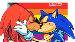 Size: 489x277 | Tagged: safe, artist:sodaft potato, knuckles the echidna, sonic the hedgehog, 2024, blushing, border, classic knuckles, classic sonic, duo, eyes closed, gay, gay pride, hands on another's face, kiss, knuxonic, pride, pride flag background, progress pride, shipping, signature