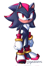 Size: 768x1024 | Tagged: safe, artist:gunstellations, shadow the hedgehog, 2024, frown, looking at viewer, signature, simple background, solo, standing, white background
