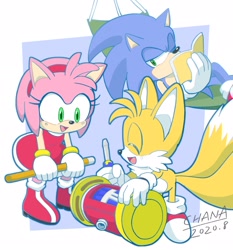 Size: 1767x1897 | Tagged: safe, artist:tailchana, amy rose, miles "tails" prower, sonic the hedgehog, 2020, amybetes, bending over, book, cute, eyes closed, hammock, holding something, looking at them, lying down, mouth open, one eye closed, piko piko hammer, screwdriver, smile, standing, tailabetes, trio