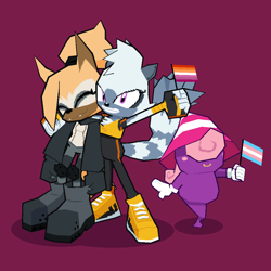Size: 1000x1000 | Tagged: safe, artist:fznmeatpopsicle, tangle the lemur, whisper the wolf, 2024, 3d, arm around shoulders, burgundy background, crossover, flag, lesbian, lesbian pride, looking at viewer, pride, pride flag, shipping, simple background, smile, standing, tangle x whisper, trans female, trans pride, transgender, trio, vivian (mario)