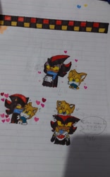 Size: 1280x2048 | Tagged: safe, artist:max_dibujitos15, miles "tails" prower, shadow the hedgehog, 2024, cute, duo, gay, heart, hugging, lined paper, riding on shoulders, shadails, shipping, traditional media, yellow sclera