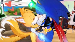 Size: 2048x1152 | Tagged: safe, artist:stardreamosx, miles "tails" prower, sonic the hedgehog, 2024, abstract background, cape, duo, eyes closed, gay, heart, heart tail, holding each other, indoors, kiss, shipping, sonic x tails, standing