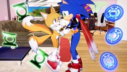 Size: 2048x1152 | Tagged: safe, artist:stardreamosx, miles "tails" prower, sonic the hedgehog, 2024, abstract background, duo, gay, holding each other, indoors, looking at each other, shipping, smile, sonic x tails, standing