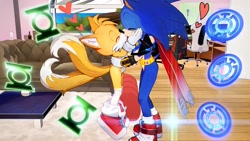 Size: 2048x1152 | Tagged: safe, artist:stardreamosx, miles "tails" prower, sonic the hedgehog, 2024, abstract background, duo, eyes closed, gay, heart, heart tail, holding each other, indoors, kiss, shipping, sonic x tails, standing