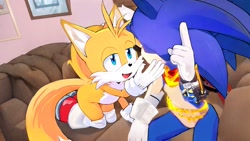 Size: 2048x1152 | Tagged: safe, artist:stardreamosx, miles "tails" prower, sonic the hedgehog, 2024, abstract background, duo, gay, hand on another's face, indoors, lidded eyes, looking at each other, pointing, shipping, sitting, sonic x tails