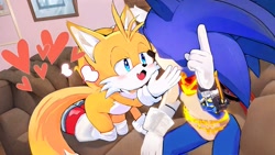 Size: 2048x1152 | Tagged: safe, artist:stardreamosx, miles "tails" prower, sonic the hedgehog, 2024, abstract background, blushing, duo, gay, hand on another's face, heart, indoors, lidded eyes, looking at each other, one fang, pointing, shipping, sitting, sonic x tails