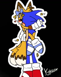 Size: 819x1031 | Tagged: safe, artist:h54716, miles "tails" prower, sonic the hedgehog, 2024, aged up, alternate universe, black background, blue shoes, blushing, bow, carrying them, duo, eyes closed, gay, heart, holding each other, kiss, older, outline, shipping, signature, simple background, sonic x tails, standing, star (symbol)