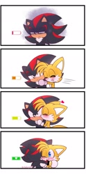 Size: 1015x2048 | Tagged: safe, artist:nekitogame67025, miles "tails" prower, shadow the hedgehog, 2024, battery, comic, cute, duo, gay, heart, hugging, kiss on cheek, shadails, shadowbetes, shipping, simple background, tailabetes, white background