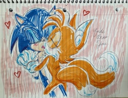 Size: 2048x1576 | Tagged: safe, artist:neopetsaimorph, miles "tails" prower, sonic the hedgehog, 2024, blushing, duo, eyes closed, french kiss, gay, heart, holding hands, kiss, shipping, signature, sonic x tails, standing, tongue out, traditional media