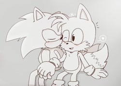 Size: 1000x715 | Tagged: safe, artist:_nav_o, miles "tails" prower, sonic the hedgehog, 2024, classic sonic, classic tails, cute, duo, eyes closed, gay, gradient background, heart, kiss on cheek, shipping, sitting, sonabetes, sonic x tails, tailabetes