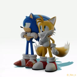 Size: 2048x2048 | Tagged: safe, artist:_nav_o, miles "tails" prower, sonic the hedgehog, 2024, 3d, duo, gay, shipping, signature, simple background, sonic x tails, standing, white background