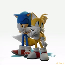 Size: 2048x2048 | Tagged: safe, artist:_nav_o, miles "tails" prower, sonic the hedgehog, 2024, 3d, duo, gay, shipping, signature, simple background, sonic x tails, standing, white background, yawning