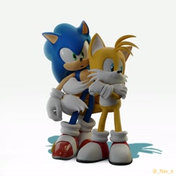 Size: 2048x2048 | Tagged: safe, artist:_nav_o, miles "tails" prower, sonic the hedgehog, 2024, 3d, duo, gay, shipping, signature, simple background, sonic x tails, standing, tail hug, white background, wrapped in tails