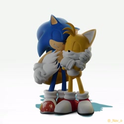 Size: 2048x2048 | Tagged: safe, artist:_nav_o, miles "tails" prower, sonic the hedgehog, 2024, 3d, duo, eyes closed, gay, hand on another's head, shipping, signature, simple background, smile, sonic x tails, standing, tail hug, white background, wrapped in tails
