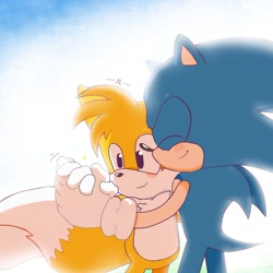 Size: 1637x1637 | Tagged: safe, artist:_nav_o, miles "tails" prower, sonic the hedgehog, 2024, blushing, cute, duo, eyes closed, gay, gradient background, holding hands, shipping, smile, sonabetes, sonic x tails, standing, star (symbol), tailabetes
