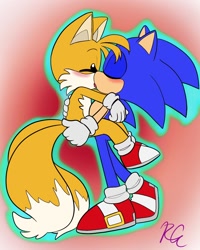 Size: 1080x1350 | Tagged: safe, artist:riri_galpal, miles "tails" prower, sonic the hedgehog, 2024, blushing, carrying them, duo, eyes closed, gay, gradient background, holding each other, kiss, outline, shipping, signature, sonic x tails, standing