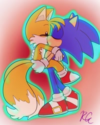 Size: 1080x1350 | Tagged: safe, artist:riri_galpal, miles "tails" prower, sonic the hedgehog, 2024, alternate version, blushing, carrying them, duo, eyes closed, gay, gradient background, holding each other, kiss, outline, shipping, signature, sonic x tails, standing