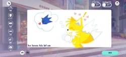 Size: 2048x922 | Tagged: safe, artist:buttersss__, miles "tails" prower, sonic the hedgehog, 2024, english text, exclamation mark, eyes closed, gay, heart, project sekai, shipping, solo, sonic x tails, standing, thought bubble