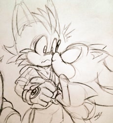 Size: 944x1024 | Tagged: safe, artist:marty_jade23, miles "tails" prower, nine, sonic the hedgehog, sonic prime, 2024, duo, eyes closed, gay, kiss, line art, nine x sonic, shipping, sonic x tails, standing, surprised, traditional media, wagging tail
