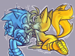 Size: 1600x1200 | Tagged: safe, artist:marty_jade23, miles "tails" prower, sonic the hedgehog, 2024, duo, gay, kiss, kneeling, leaning forward, looking at each other, monochrome, outline, purple background, redraw, shipping, signature, simple background, sitting, sonic x tails, surprised